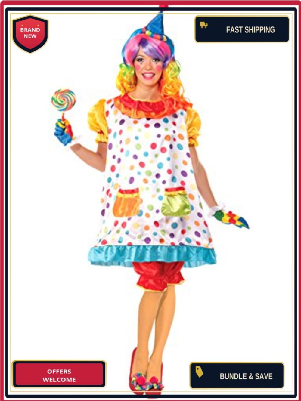 Wiggles The Clown Costume Dress with Hoop and Bloomers Adult XL